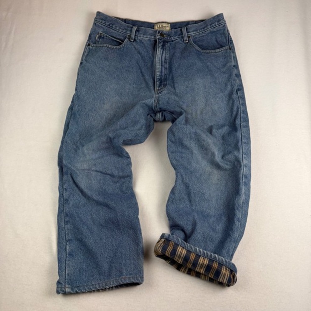 LL Bean Natural Fit Flannel‎ Lined Jeans Mens 38x30 Denim Plaid Lining 130657